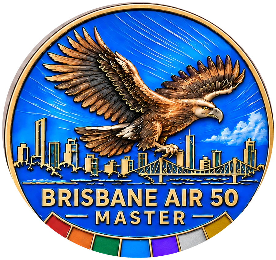 Front of the Brisbane Air 50 finisher's coin: a gold wedge-tailed eagle banking over the Brisbane skyline and river, with "Brisbane Air 50 — Master" in gold lettering, ringed by the seven tier colours.