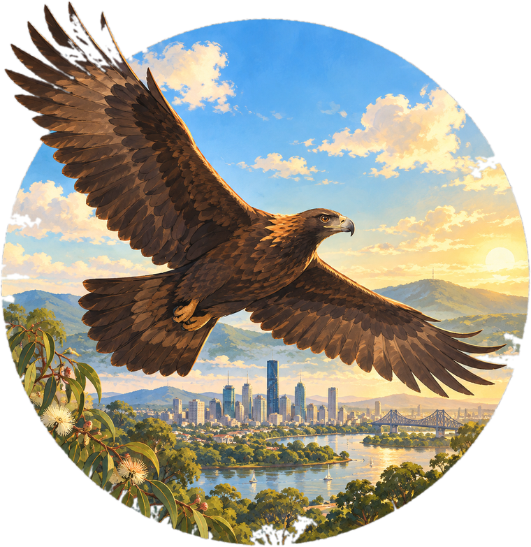 A wedge-tailed eagle soaring over the Brisbane skyline and river at golden hour